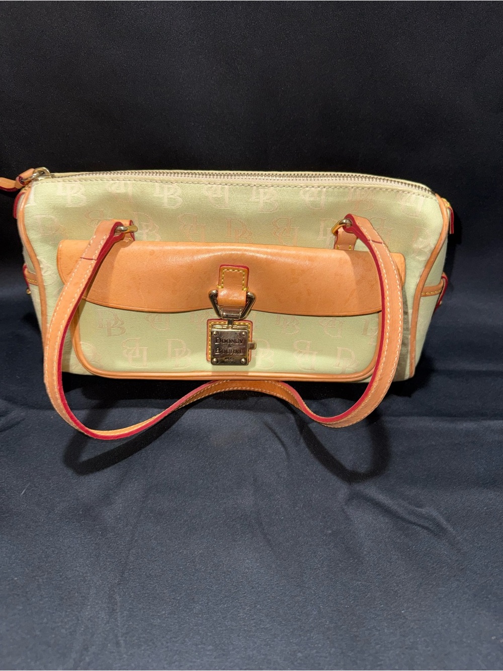 Dooney & Bourke Green Canvas Shoulder Bag with Tan Leather Trim